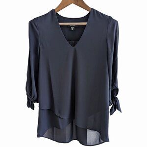Karen Kane NWOT XS Navy Asymmetrical Vneck Dbl Slit Tie 3/4 Sleeve Blouse Tunic